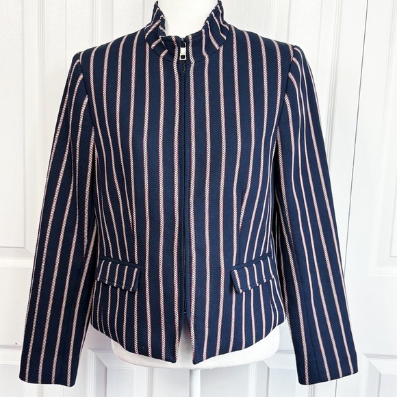 Banana Republic Navy Red Stripe Print Zip Long Sleeve Blazer Jacket 8 - Picture 1 of 16